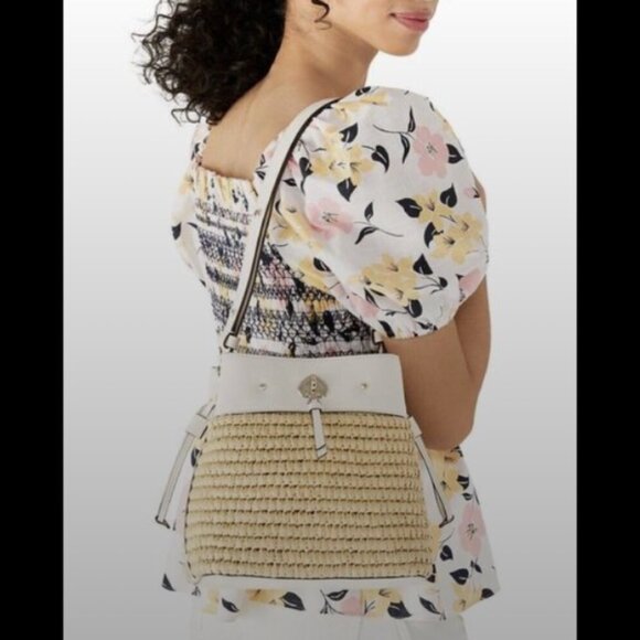 Kate Spade Marti Straw Mixed Media Small Bucket Bag Parchment Multi - Picture 3 of 14